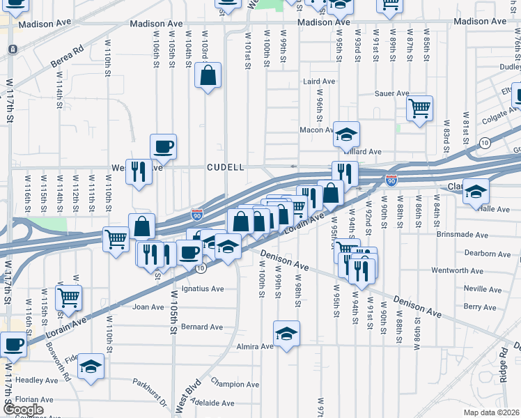 map of restaurants, bars, coffee shops, grocery stores, and more near 3103 West 100th Street in Cleveland