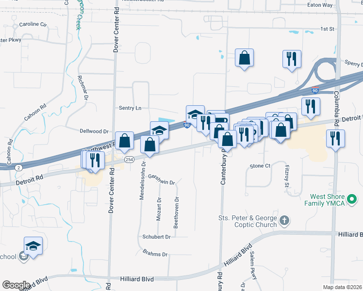 map of restaurants, bars, coffee shops, grocery stores, and more near 26600 Detroit Road in Westlake