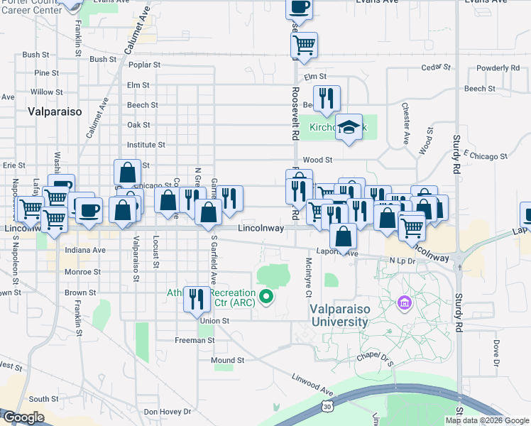 map of restaurants, bars, coffee shops, grocery stores, and more near 801-1199 E Jefferson St in Valparaiso