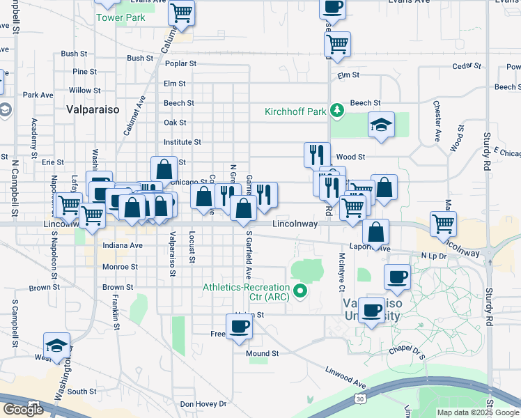 map of restaurants, bars, coffee shops, grocery stores, and more near 805A East Jefferson Street in Valparaiso