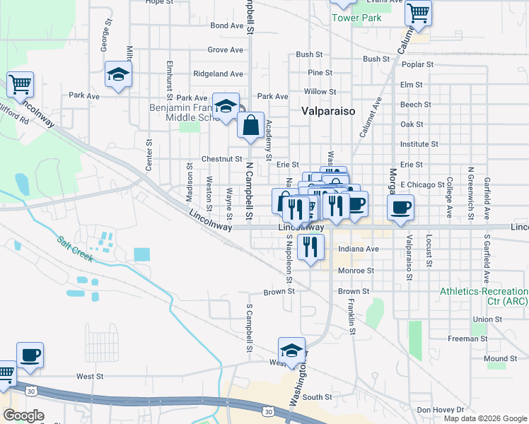 map of restaurants, bars, coffee shops, grocery stores, and more near 262 Jefferson Street in Valparaiso