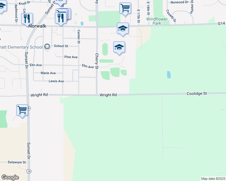 map of restaurants, bars, coffee shops, grocery stores, and more near 1313 Wright Road in Norwalk