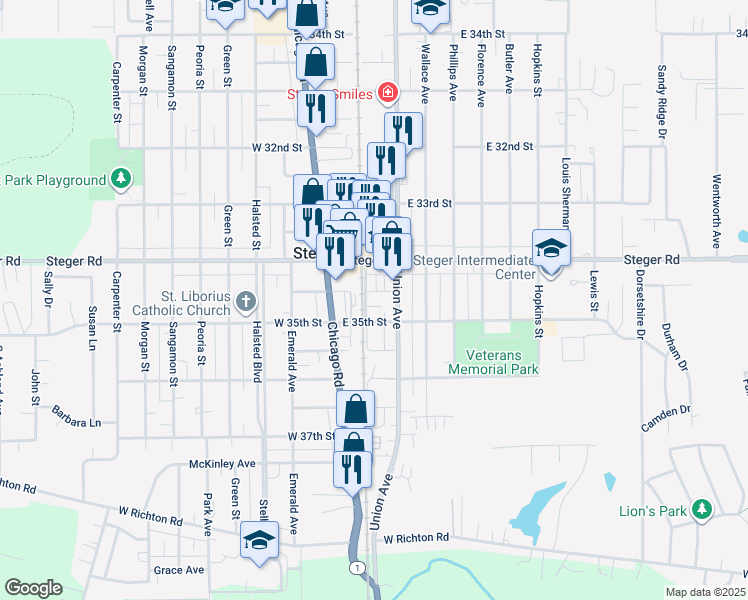 map of restaurants, bars, coffee shops, grocery stores, and more near 2 West 34th Street in Steger