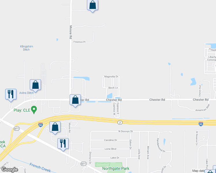 map of restaurants, bars, coffee shops, grocery stores, and more near 37848 Birch Lane in Avon