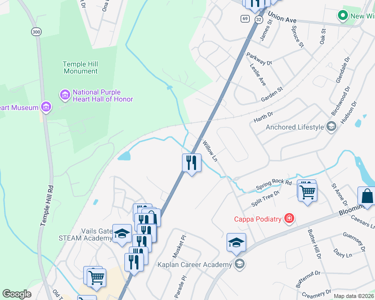 map of restaurants, bars, coffee shops, grocery stores, and more near 274 Windsor Highway in New Windsor