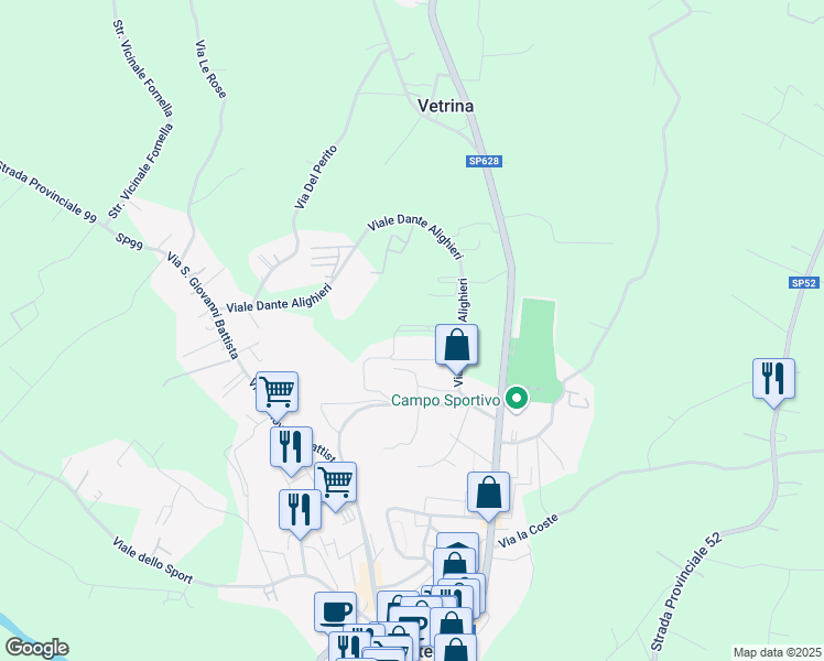 map of restaurants, bars, coffee shops, grocery stores, and more near Viale Dante Alighieri in Pontecorvo