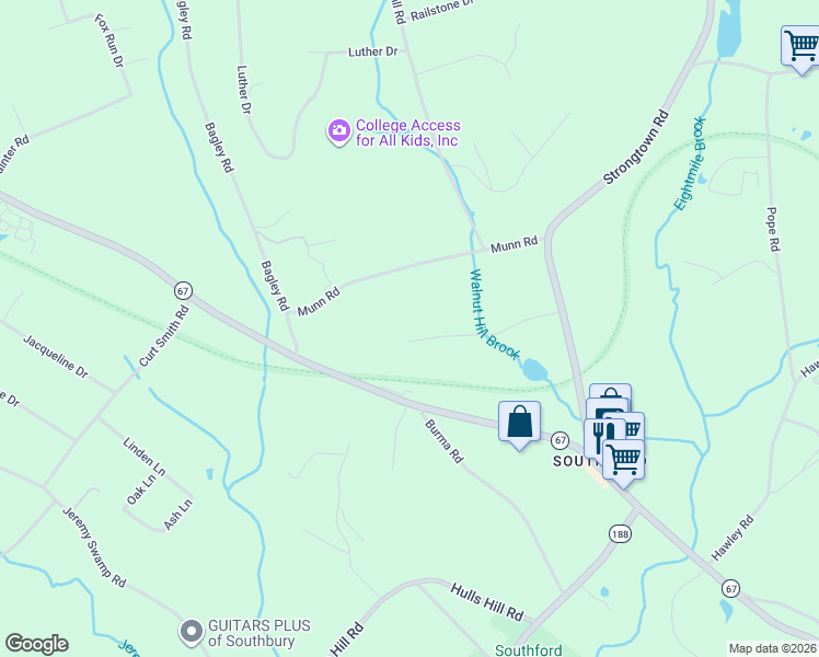 map of restaurants, bars, coffee shops, grocery stores, and more near 174 Bridle Path Road in Southbury