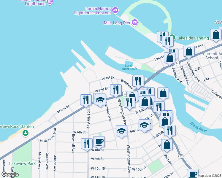 map of restaurants, bars, coffee shops, grocery stores, and more near 1009 West 2nd Street in Lorain