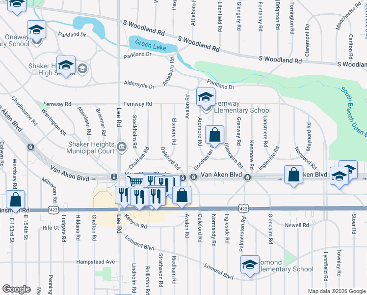 map of restaurants, bars, coffee shops, grocery stores, and more near 3330 Avalon Road in Shaker Heights