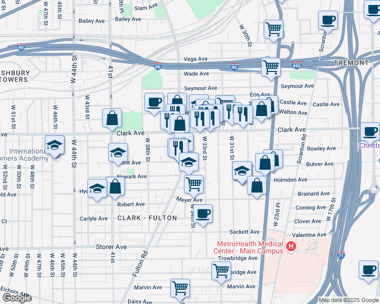 map of restaurants, bars, coffee shops, grocery stores, and more near 3408 Paris Avenue in Cleveland