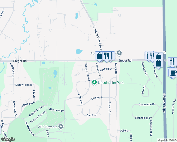 map of restaurants, bars, coffee shops, grocery stores, and more near 3423 Huntley Terrace in Crete
