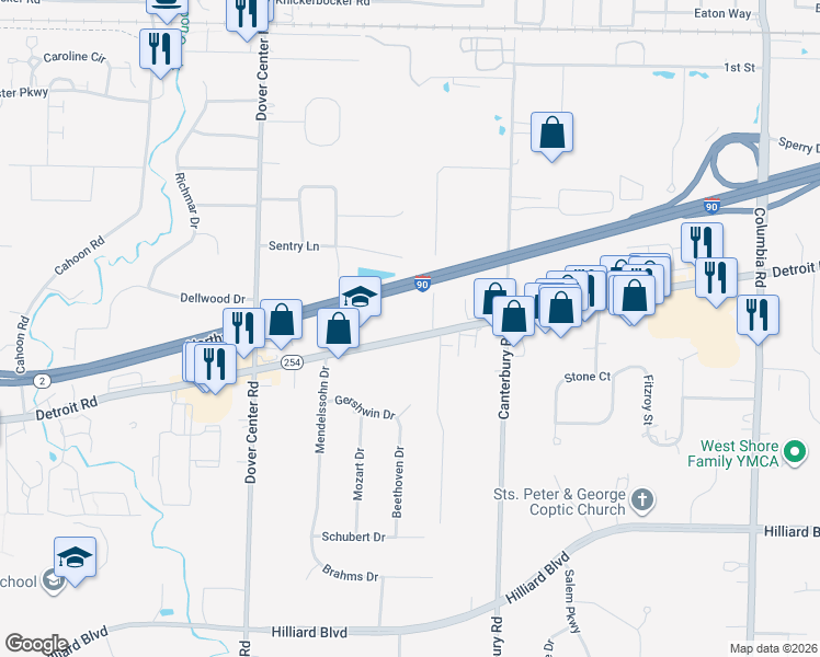 map of restaurants, bars, coffee shops, grocery stores, and more near 26600 Detroit Road in Westlake