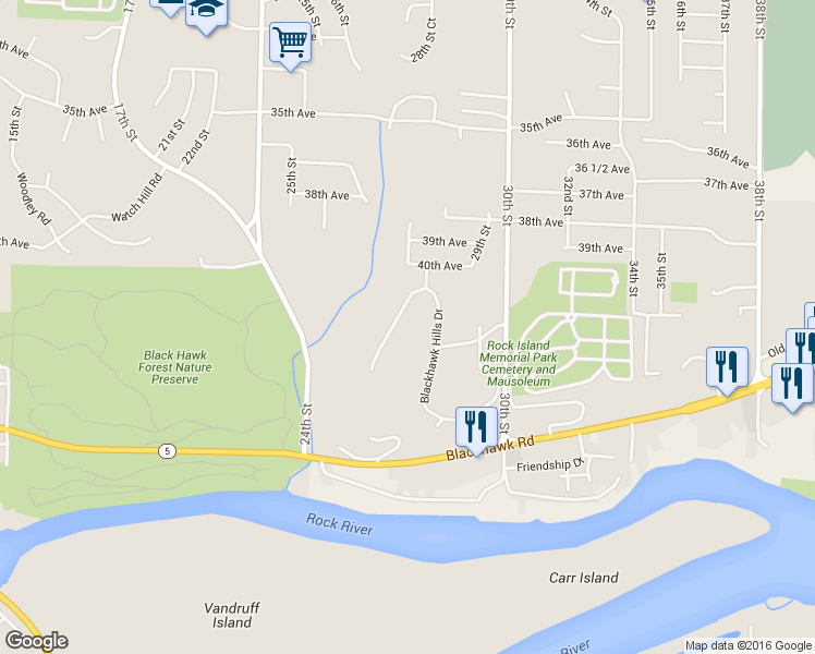map of restaurants, bars, coffee shops, grocery stores, and more near 21 Blackhawk Hills Court in Rock Island