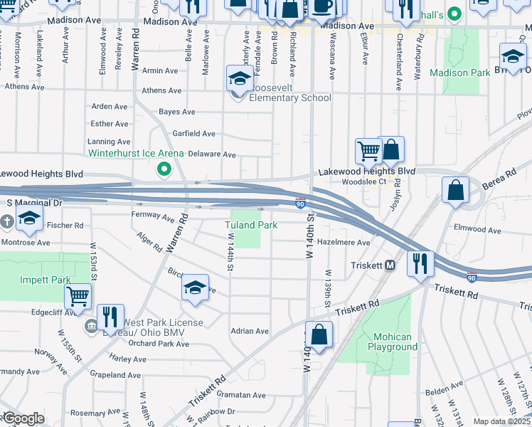 map of restaurants, bars, coffee shops, grocery stores, and more near 3112 W 142nd St in Cleveland
