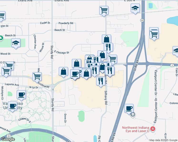 map of restaurants, bars, coffee shops, grocery stores, and more near 201 Legend Drive in Valparaiso
