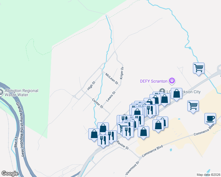 map of restaurants, bars, coffee shops, grocery stores, and more near 401-499 McLean Street in Scranton