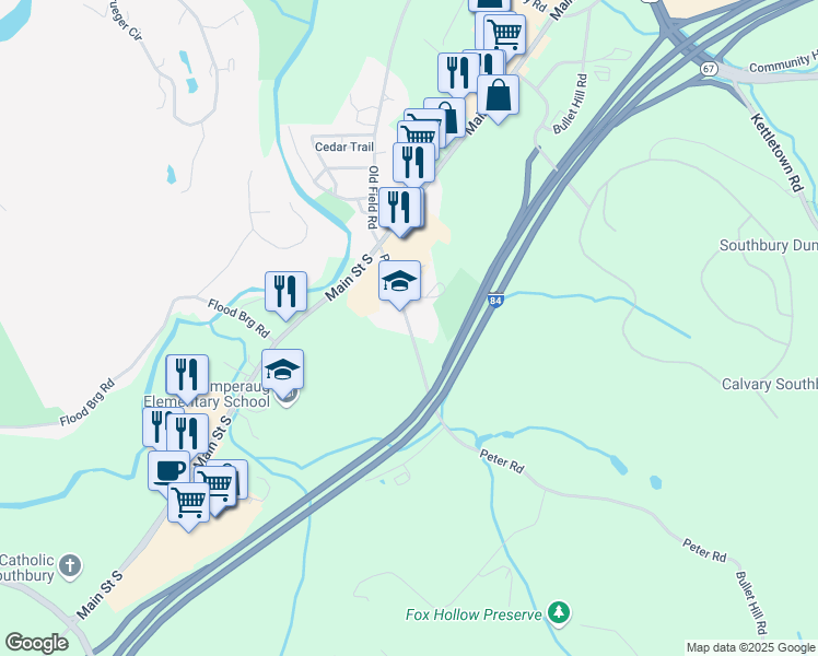 map of restaurants, bars, coffee shops, grocery stores, and more near 100 Peter Road in Southbury