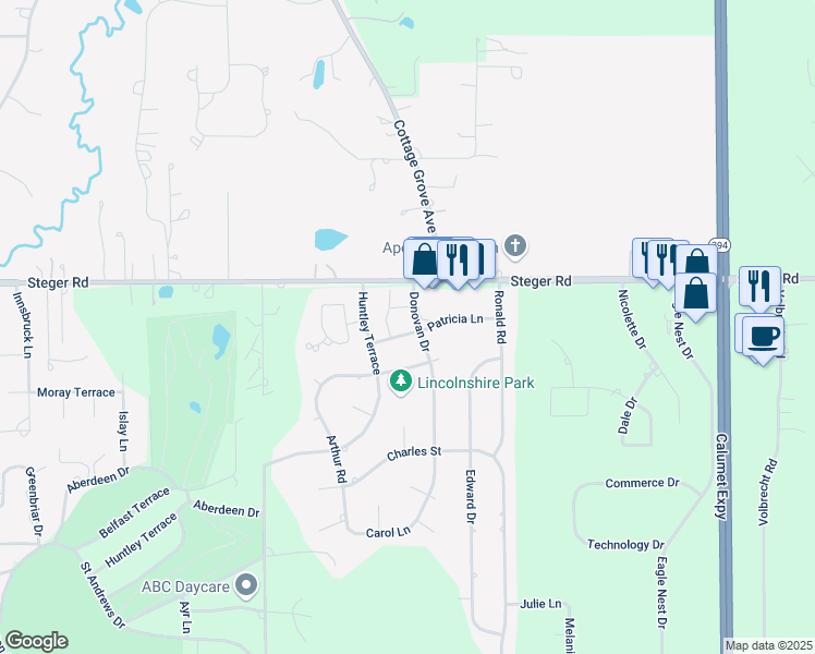 map of restaurants, bars, coffee shops, grocery stores, and more near 3434 Donovan Drive in Crete