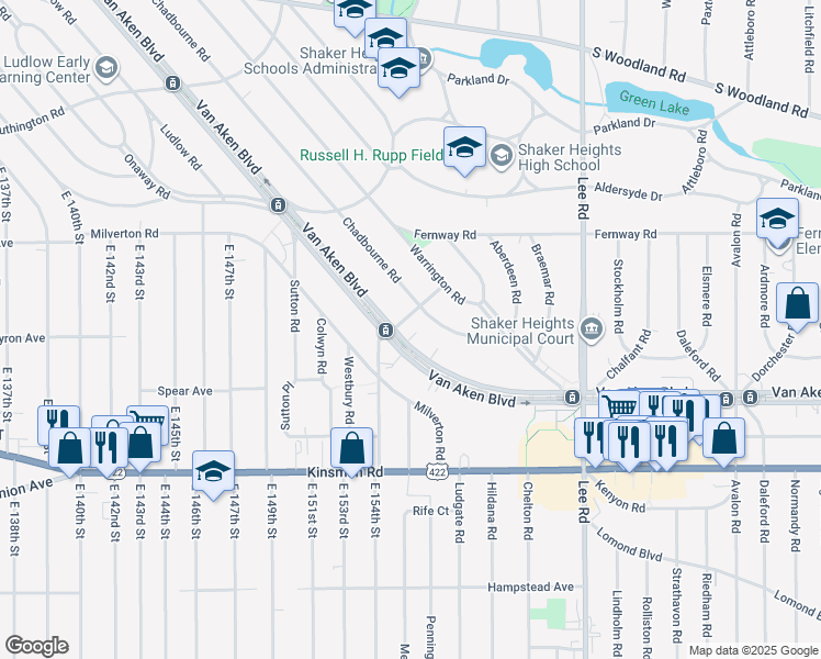 map of restaurants, bars, coffee shops, grocery stores, and more near 15515 Van Aken Boulevard in Shaker Heights
