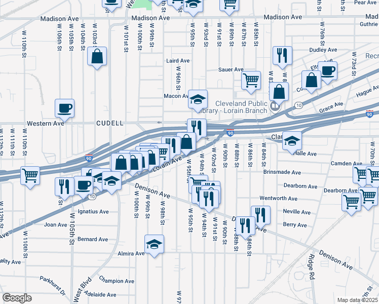 map of restaurants, bars, coffee shops, grocery stores, and more near 9430 Lorain Avenue in Cleveland