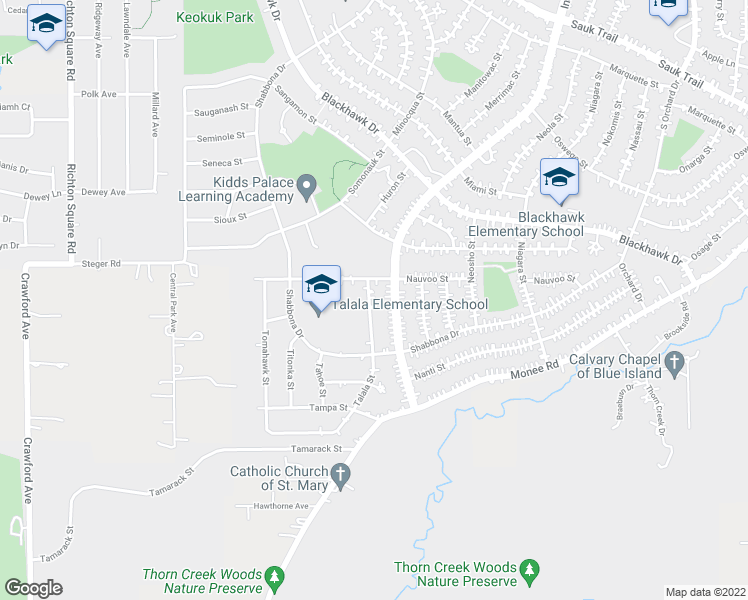 map of restaurants, bars, coffee shops, grocery stores, and more near 425 Talala Street in Park Forest