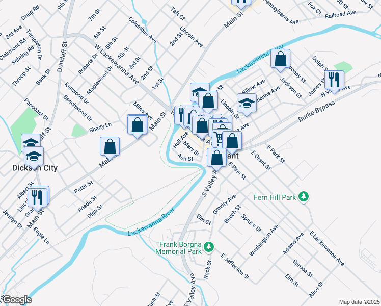 map of restaurants, bars, coffee shops, grocery stores, and more near 129-131 West Lackawanna Avenue in Olyphant