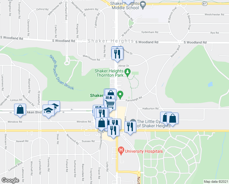 map of restaurants, bars, coffee shops, grocery stores, and more near 3330 Warrensville Center Road in Shaker Heights