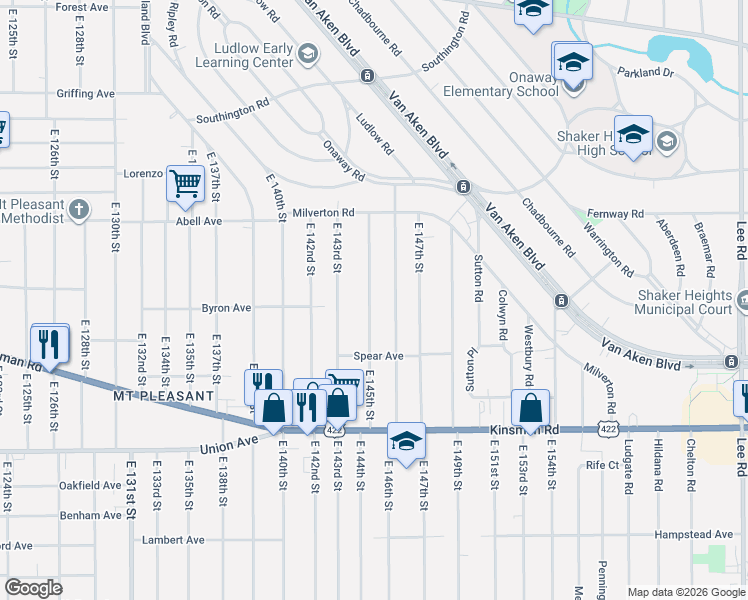 map of restaurants, bars, coffee shops, grocery stores, and more near 3329 East 145th Street in Cleveland