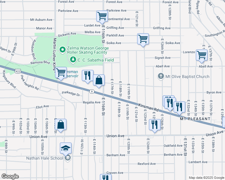 map of restaurants, bars, coffee shops, grocery stores, and more near 3295 East 117th Street in Cleveland