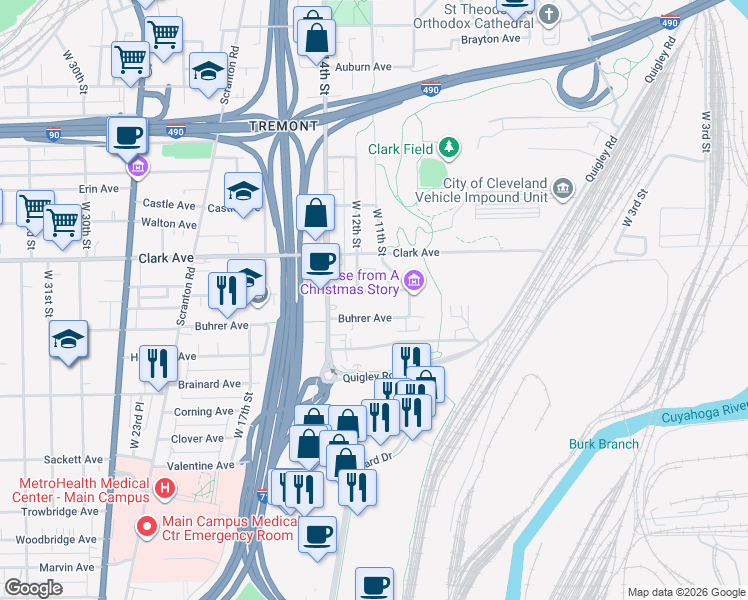 map of restaurants, bars, coffee shops, grocery stores, and more near 1120 Rowley Avenue in Cleveland