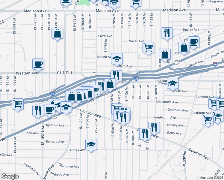 map of restaurants, bars, coffee shops, grocery stores, and more near 9430 Lorain Avenue in Cleveland