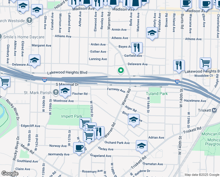 map of restaurants, bars, coffee shops, grocery stores, and more near 14804 Fernway Avenue in Cleveland