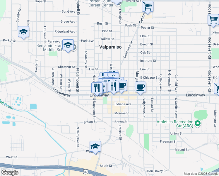 map of restaurants, bars, coffee shops, grocery stores, and more near 58 West Jefferson Street in Valparaiso