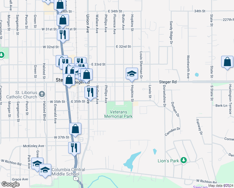 map of restaurants, bars, coffee shops, grocery stores, and more near 3414 Butler Avenue in Steger