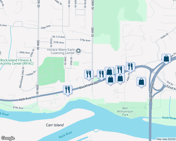 map of restaurants, bars, coffee shops, grocery stores, and more near 4100 38th Street in Rock Island