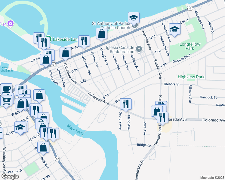 map of restaurants, bars, coffee shops, grocery stores, and more near 811 F Street in Lorain