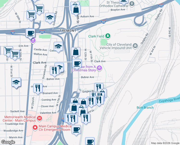 map of restaurants, bars, coffee shops, grocery stores, and more near 1120 Rowley Avenue in Cleveland