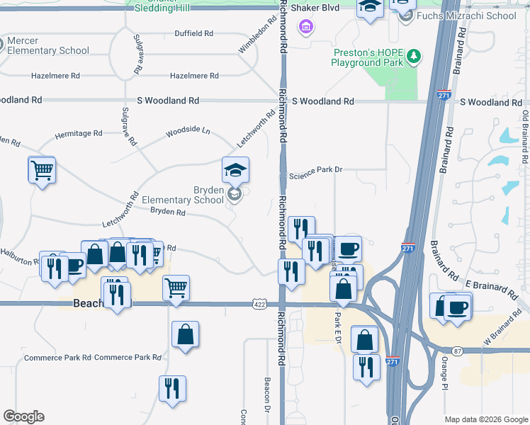 map of restaurants, bars, coffee shops, grocery stores, and more near 3094 Richmond Road in Beachwood