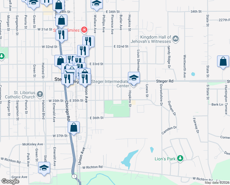 map of restaurants, bars, coffee shops, grocery stores, and more near 3414 Butler Avenue in Steger