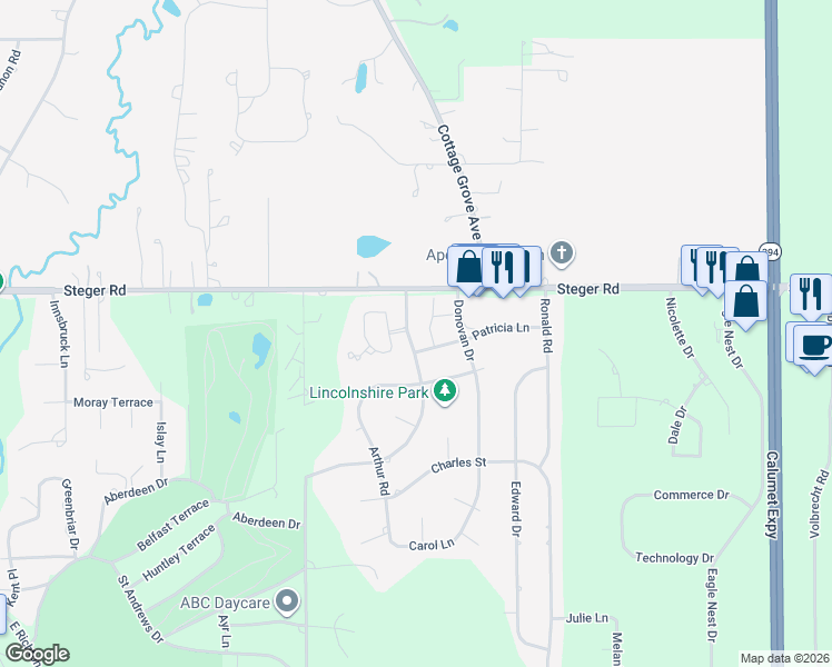 map of restaurants, bars, coffee shops, grocery stores, and more near 3423 Huntley Terrace in Crete
