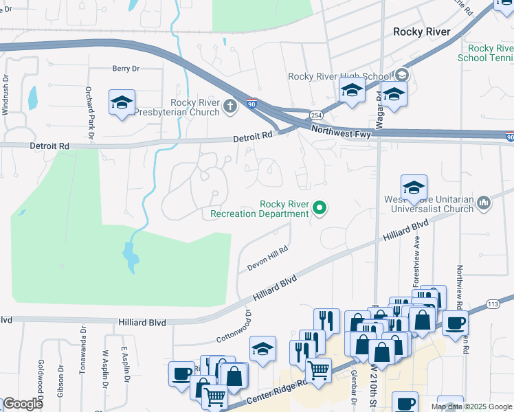 map of restaurants, bars, coffee shops, grocery stores, and more near 15 South Hampton Circle in Rocky River