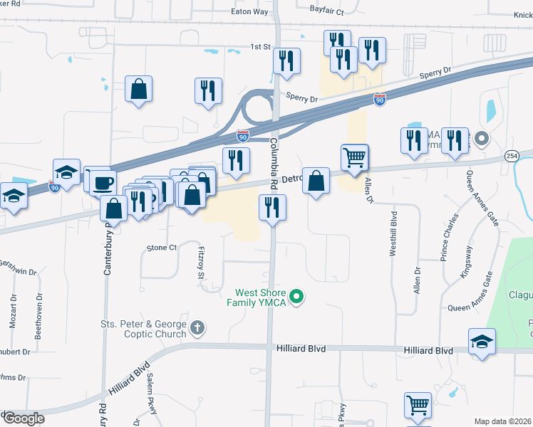 map of restaurants, bars, coffee shops, grocery stores, and more near 1255 Columbia Road in Westlake