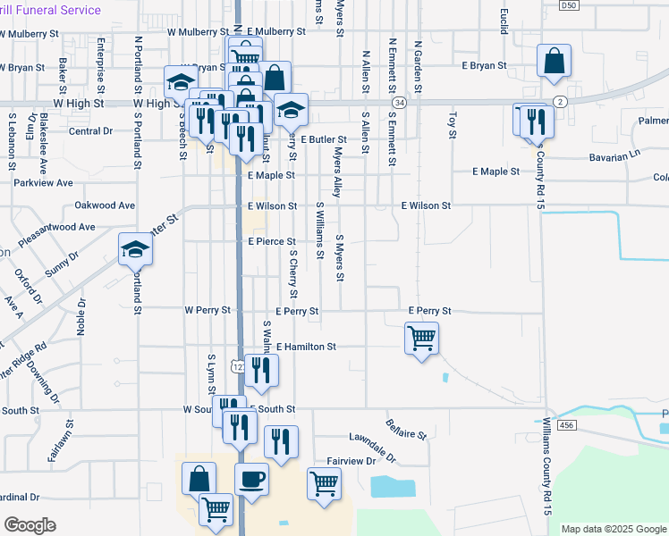 map of restaurants, bars, coffee shops, grocery stores, and more near 521 South Myers Street in Bryan