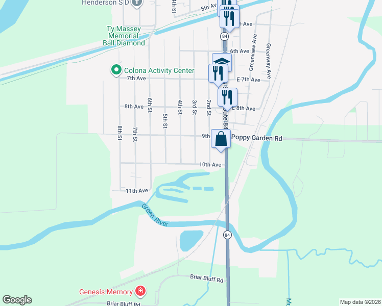 map of restaurants, bars, coffee shops, grocery stores, and more near 912 4th Street in Colona