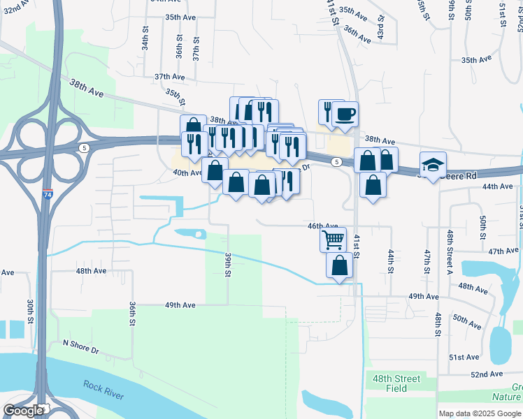 map of restaurants, bars, coffee shops, grocery stores, and more near 3900 44th Avenue in Moline