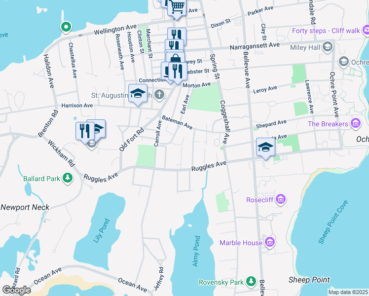map of restaurants, bars, coffee shops, grocery stores, and more near 11 Shields in Newport
