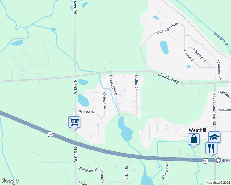 map of restaurants, bars, coffee shops, grocery stores, and more near Lincoln Hills Drive in Valparaiso