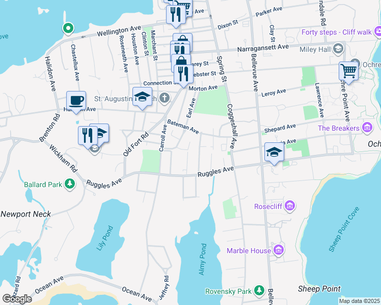 map of restaurants, bars, coffee shops, grocery stores, and more near 11 Shields in Newport