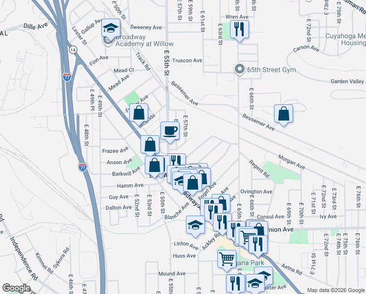 map of restaurants, bars, coffee shops, grocery stores, and more near 5630 Drake Avenue in Cleveland