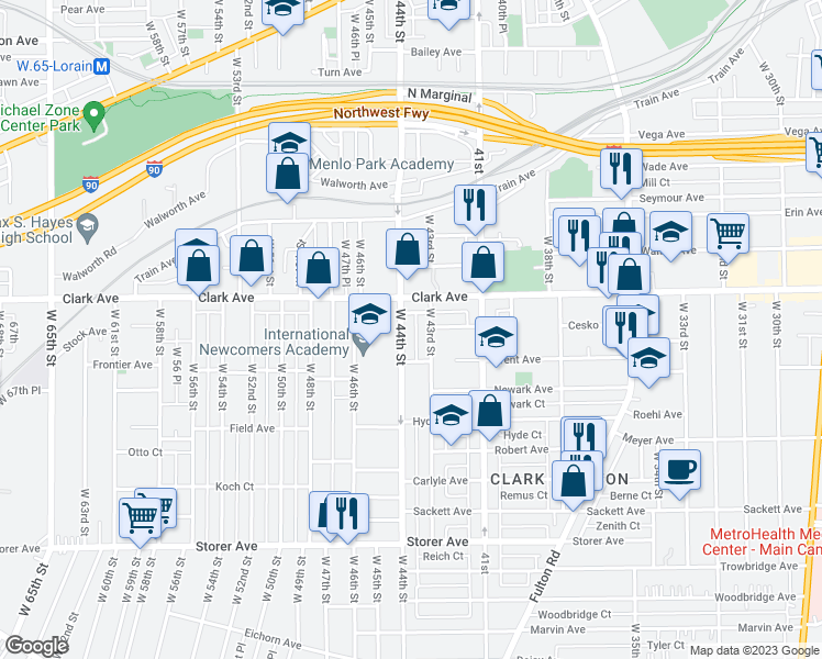 map of restaurants, bars, coffee shops, grocery stores, and more near 3124 West 43rd Street in Cleveland